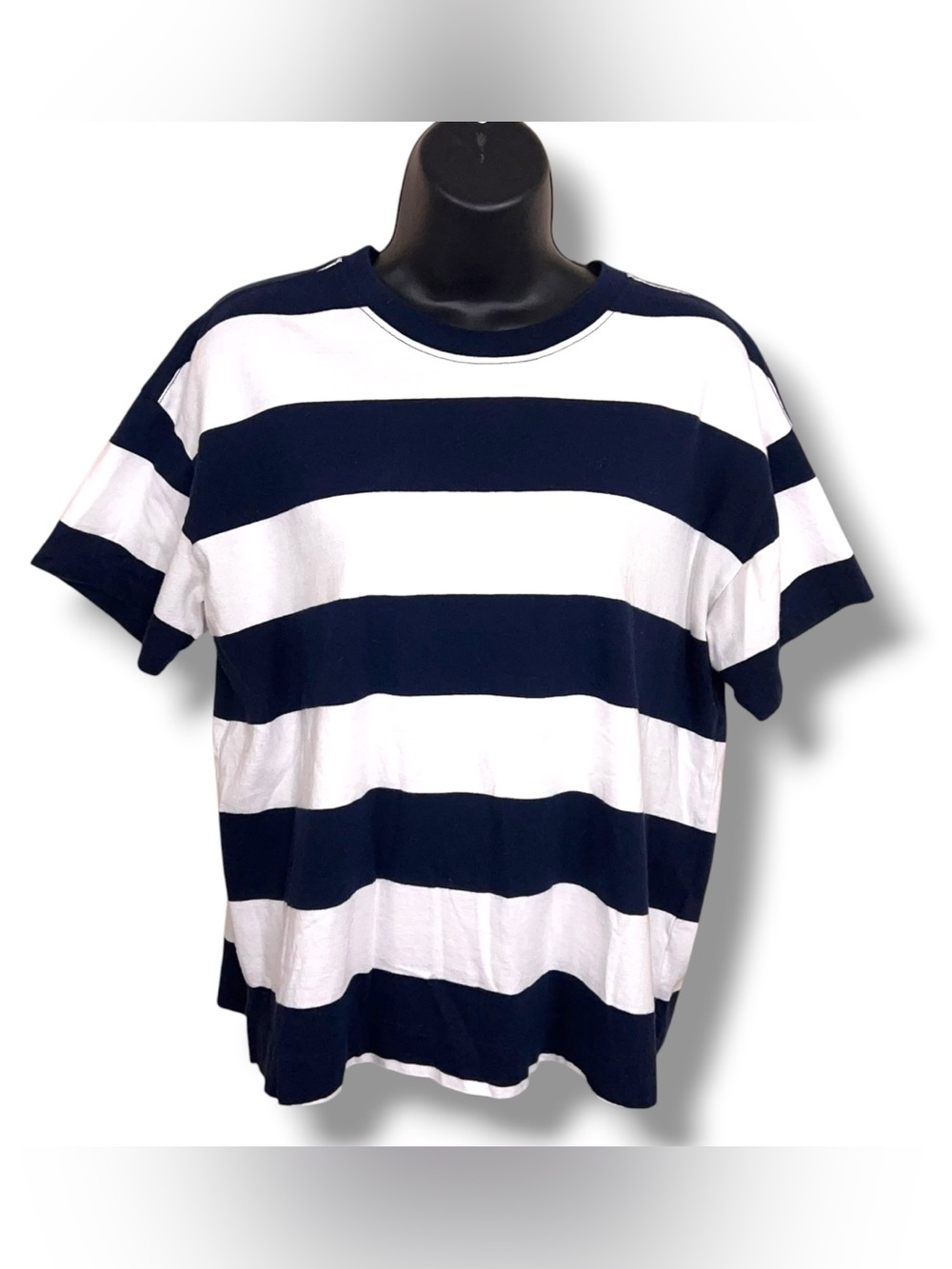 Medium Old Navy Navy Blue White Stripes Tee Shirt Sleeve Cotton Casual Preppy